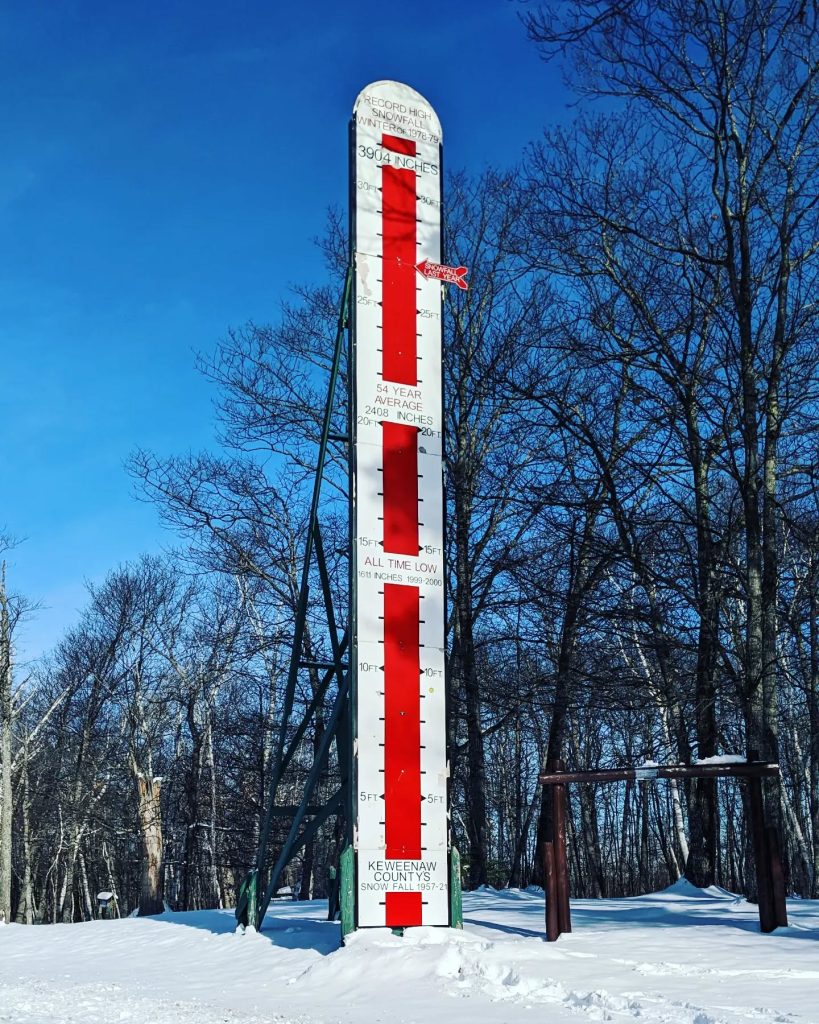 The Keweenaw Snow Gauge, a local landmark, as the peninsula surpasses 100 inches of snow. Credit: @visit_keweenaw via Instagram